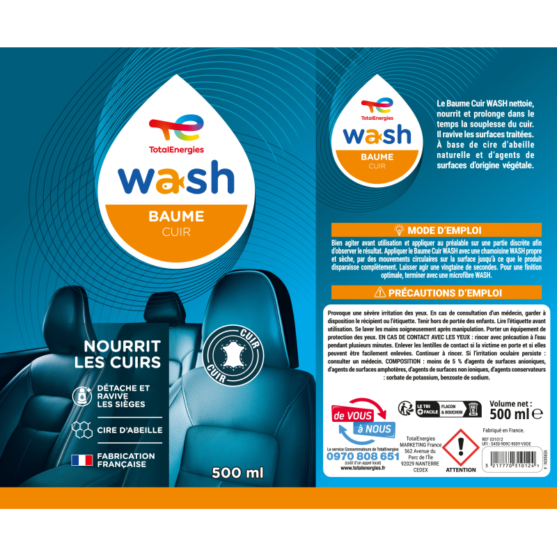 Baume entretien cuir voiture 500ml Wash